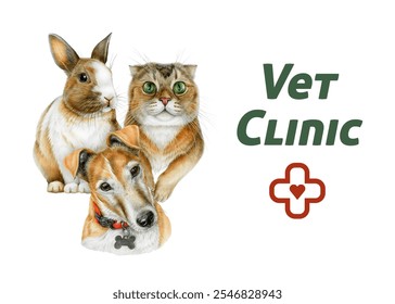 Vet clinic banner with realistic cute cat, dog, bunny illustration red cross, heart and Vet Clinic text. Perfect for pet products, veterinary clinics, animal healthcare branding. White background - Powered by Shutterstock