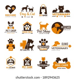 Vet clinic logo. Pets shop cats dogs domestic animals protection friendly funny symbols collection