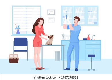 Vet clinic visit flat illustration. Cheerful young woman with pug and veterinarian cartoon characters. Domestic animal treatment, pet vaccination. Veterinary hospital, medical service - Powered by Shutterstock