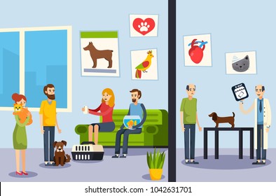 Vet clinic waiting room and veterinarian office dog check up process flat orthogonal flat banners  illustration  - Powered by Shutterstock