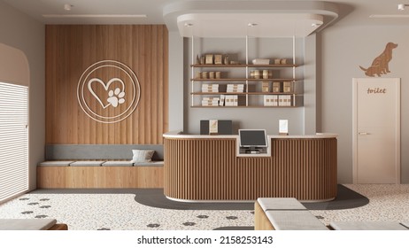 Vet clinic waiting room in white and wooden tones. Reception desk with shelves, sitting area with benches, pillows and carpet. Entrance door and terrazzo tiles. Interior design idea, 3d illustration - Powered by Shutterstock