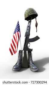 Veterans Day, Fallen Soldier Tribute, Helmet, Gun, Boots And Flag, 3d Render, 3d Illustration