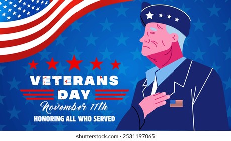 Veterans Day poster. In honor of all who served. Veterans day illustration with american flag.Salute a veteran.A day to celebrate and honor veterans. - Powered by Shutterstock