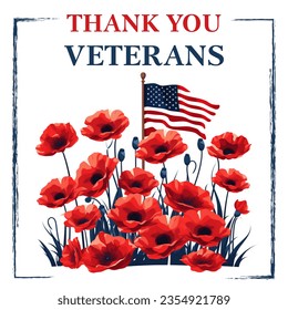 Veteran's day poster with USA flag in american style on white background. Greeting card with beautiful red poppies and text: Thank you veterans. Suitable for Veteran's Day and Memorial Day. - Powered by Shutterstock