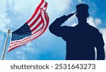 Veterans Day. Silhouette of a soldier saluting the American flag. Honoring America