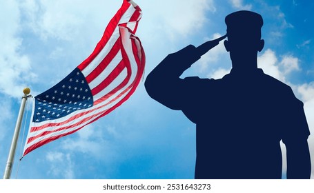 Veterans Day. Silhouette of a soldier saluting the American flag. Honoring America's veterans. National America Day, November 11. Greeting card. High resolution. Background for military celebrations. - Powered by Shutterstock