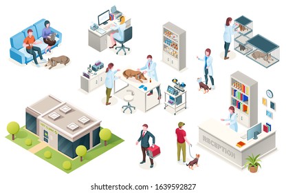 Veterinarian clinic, isometric icons of animal pets and doctors. People waiting doctor with dog in carriage at veterinary clinic reception, medical checkup table and surgery examination room