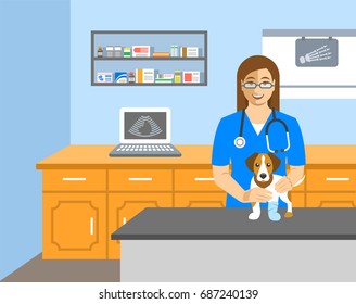 Veterinarian doctor holds dog on examination table in vet clinic. Cartoon illustration. Pets health care background. Domestic animals treatment concept. Veterinary professional consultation - Powered by Shutterstock