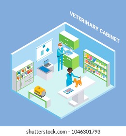 Veterinary Cabinet Cutaway Interior, Flat Isometric Illustration. Animal Hospital Treatment Room With Furniture, Veterinary Equipment And Supplies, Veterinarians Checking-up Kitten.