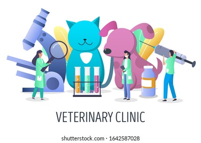 Veterinary clinic illustration. Huge dog and cat, microscope and tiny characters vets with syringe, magnifying glass. Veterinarian pet check up, treatment, vaccination concept for website page. - Powered by Shutterstock