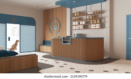 Veterinary clinic waiting room in blue and wooden tones. Reception desk with carpet, sitting space with benches with pillows. Terrazzo tiles, shelves with pet food. Interior design, 3d illustration - Powered by Shutterstock