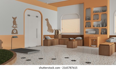 Veterinary clinic waiting room in orange and wooden tones. Sitting area with benches, bookshelf, water cooler and weight scale. Play garden with grass for pets, interior design idea, 3d illustration - Powered by Shutterstock