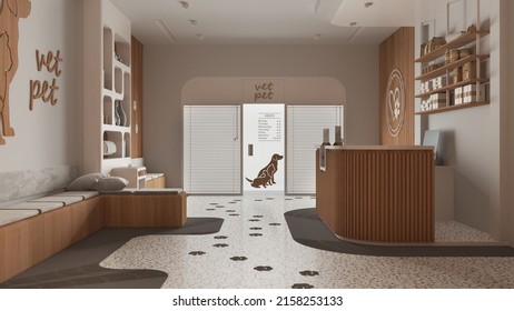 Veterinary clinic in white and wooden tones. Waiting room with sitting benches and pillows, reception desk, entrance door with blinds, bookshelf, terrazzo tiles. Interior design idea, 3d illustration - Powered by Shutterstock