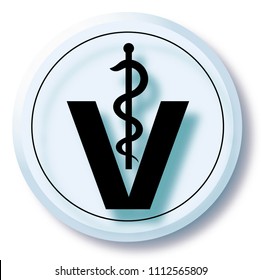 Veterinary medical symbol illustration, caduceus snake with stick on circle button background.