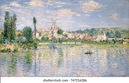 Vetheuil in Summer, by Claude Monet, 1880, French impressionist painting, oil on canvas. This painting creates the illusion of flickering reflections of sunlight on the water