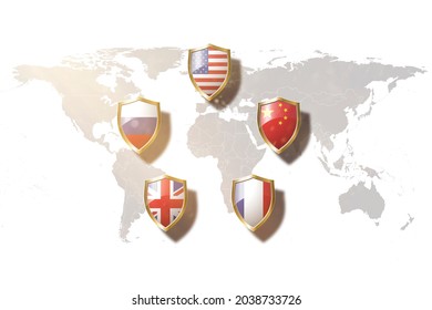 veto power countries flags in golden shield on world map background.