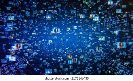VFX Digitally Generated Background with Virtual Social Media Reality Interconnected by Internet Into Worldwide Web. Internet of Things Concept with Videos, Avatars, Flowing in Online Information Space