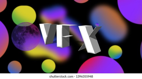 VFX text in 3D with colorful 3D background.