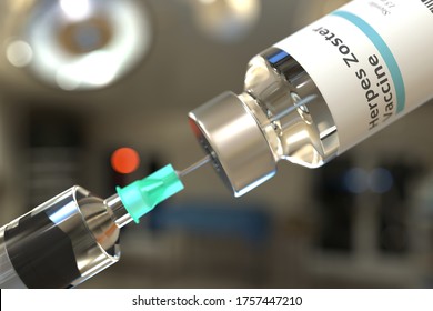 Vial With Herpes Zoster Vaccine And Syringe For Injection. 3D Rendering