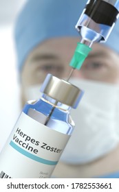 Vial With Herpes Zoster Vaccine And Syringe Against Blurred Doctor's Face. 3D Rendering