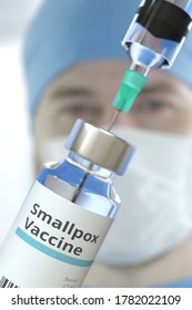 Vial With Smallpox Vaccine And Syringe Against Blurred Doctor's Face. 3D Rendering