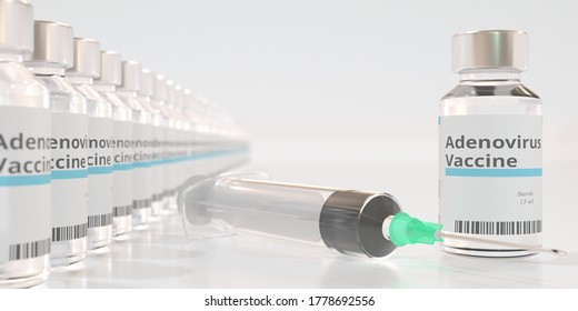 Vials With Adenovirus Vaccine And A Syringe. 3D Rendering