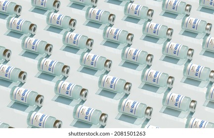 Vials Of Covid-19 Vaccine. Flat Lay Background.3d Render