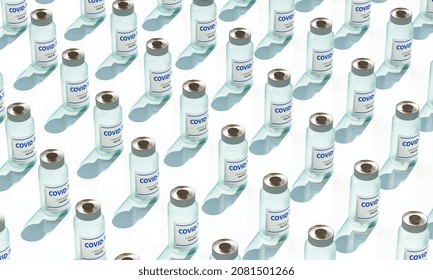 Vials Of Covid-19 Vaccine. Flat Lay Background.3d Render