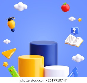 Vibrant 3D back to school concept featuring tiered podiums and floating educational elements like books, apple, question mark, ruler, and lightbulb graduate on soft blue background. - Powered by Shutterstock - Get 15% off with code: PIKWIZARD15