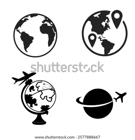A vibrant 3D icon set featuring world maps in various styles, perfect for travel