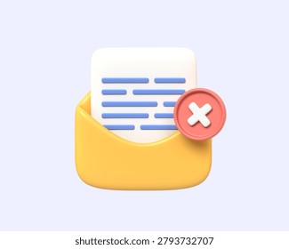 A vibrant 3D icon shows a document in a yellow folder with a red cross, symbolizing an error or removal. Clean, modern, and digital for tech concepts.3d render
