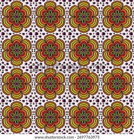 A vibrant 3D mandala pattern featuring golden-yellow and red floral forms with green centers, radiating against a crisp white background. The design combines petal-like geometry and gemstone-like acce