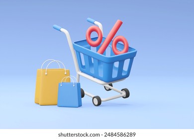 A vibrant 3D render capturing the excitement of shopping deals with floating elements of a shopping cart, discount tag, shopping bag, and percentage sign
