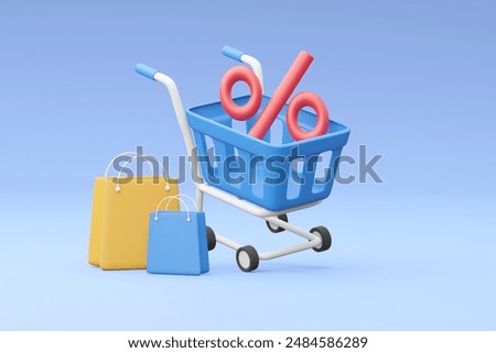 A vibrant 3D render capturing the excitement of shopping deals with floating elements of a shopping cart, discount tag, shopping bag, and percentage sign
