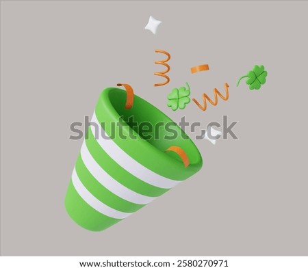 A vibrant 3D render of a green striped cup filled with playful decorations and clovers, perfect for St. Patrick's Day parties.