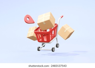 A vibrant 3D render showcasing the efficiency of online shopping and delivery services with floating elements of a shopping cart, package box, location pin, and delivery icons.