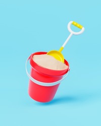 Vibrant 3D Rendering Illustration Of Colorful Kid Plastic Bucket Filled With Sand And Toy Shovel On Blue Background