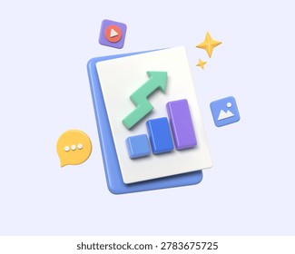 A vibrant 3D rendering showcases a tablet with a bar graph and an upward arrow, surrounded by media icons and stars. The mood is optimistic and progressive, set against a clean background.3d render