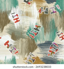 A vibrant abstract background featuring bold brush stroke textures in earthy tones and white. The pattern includes playful, multicolored “HI!” text elements, giving it a cheerful and dynamic look.