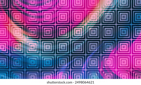 A vibrant abstract background featuring a grid of concentric square patterns in pink, blue, and purple hues with diagonal light streaks. - Powered by Shutterstock