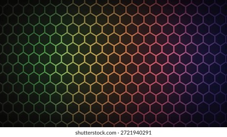 A vibrant abstract background featuring a seamless hexagonal grid pattern with a colorful gradient illumination, transitioning from green to orange and purple hues across a dark surface.