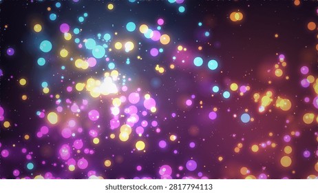 A vibrant abstract background showcasing a dynamic display of luminous, colorful bokeh lights in various sizes and shades, creating a festive, magical, and energetic mood.
