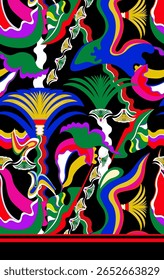Vibrant abstract botanical pattern with bold tropical shapes in red, blue, green, and yellow on a black background. Ideal for statement fashion, swimwear, resort textiles, and expressive prints.
