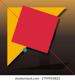 A vibrant abstract composition featuring a bold red tilted square overlapping a yellow geometric triangle, accented by a small blue circle and a thin red diagonal line against a gradient brown and black background with subtle grid textures.