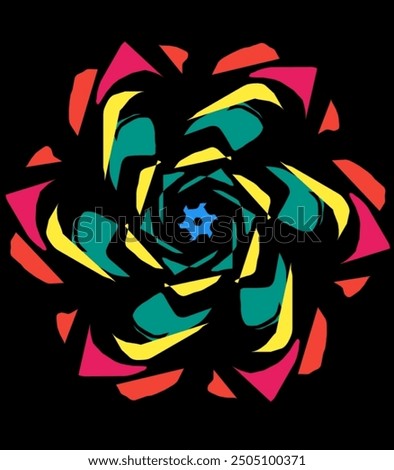 A vibrant, abstract composition featuring a central, multi-pelated flower-like form.The petals are redered in bold ,contrasting colors of pink,yellow, teal  swirling around a central blue core. 