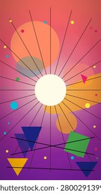A vibrant abstract composition featuring a luminous central orb radiating thin black lines outward against a gradient backdrop of warm coral, pink, and deep purple hues, accented by overlapping translucent circles and scattered geometric shapes in bold primary colors.