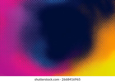 A vibrant abstract design with a dynamic blend of pink, purple, and yellow hues, fading into a dark center. The composition features a halftone dot pattern, creating a modern and energetic look