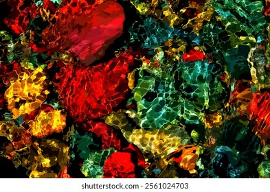 A vibrant abstract digital artwork featuring a kaleidoscope of colorful hues resembling underwater reflections on coral and stones.