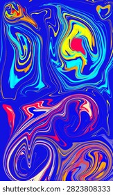 A vibrant abstract digital artwork featuring bold blue tones with dynamic multicolored fluid swirls and marble-like patterns. The composition blends vivid yellow, cyan, red, orange, and white accents into smooth flowing shapes, creating a modern psychedelic background suitable for wallpapers, creative projects, and contemporary design.