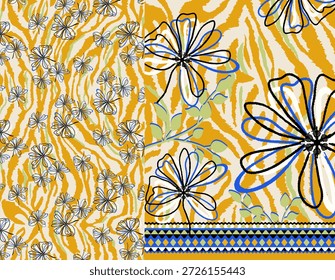 A vibrant abstract floral pattern featuring hand-drawn flowers in black, blue, and white over a golden yellow, tiger-stripe-inspired background, with decorative geometric borders and leafy accents